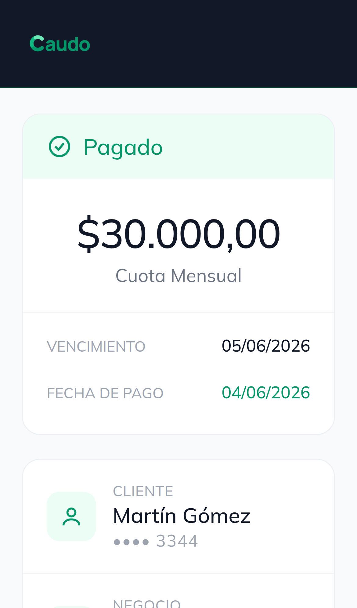 Caudo — pantalla pública de pago