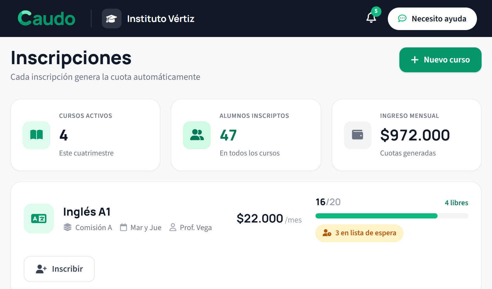 Cursos, comisiones e inscripción online